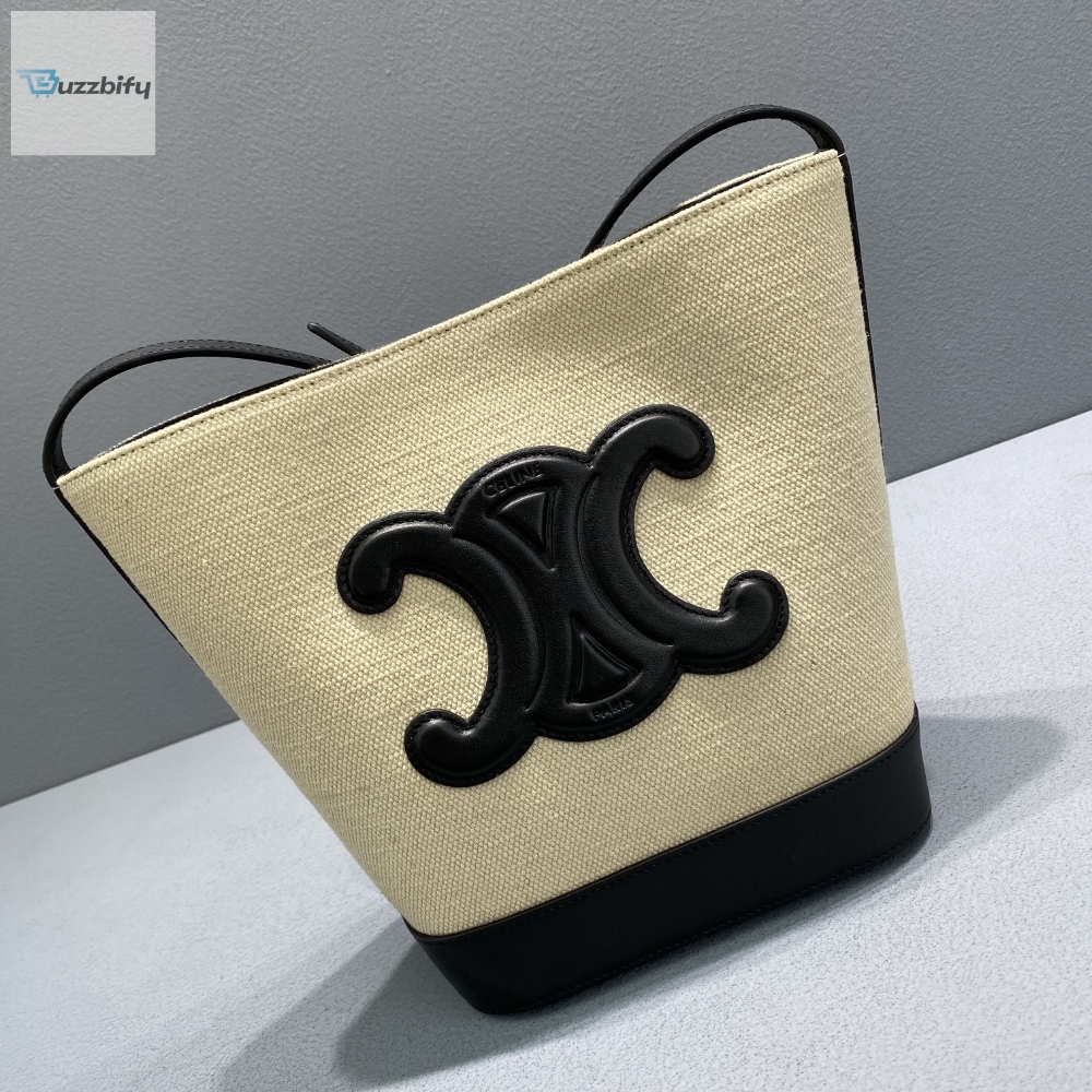 Celine Small Bucket Cuir Triomphe In Textile Beigeblack For Women 9In22cm