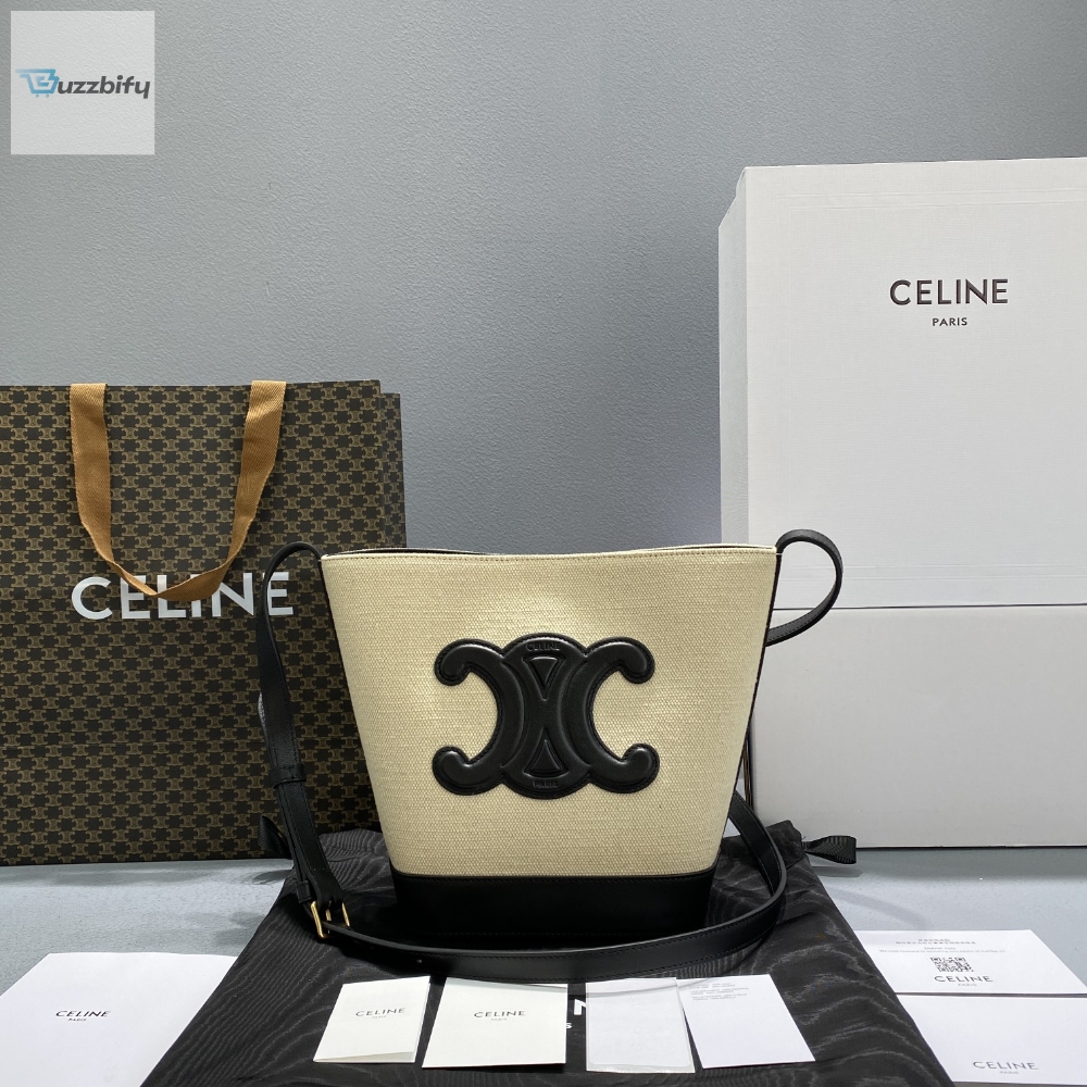 Celine Small Bucket Cuir Triomphe In Textile Beigeblack For Women 9In22cm