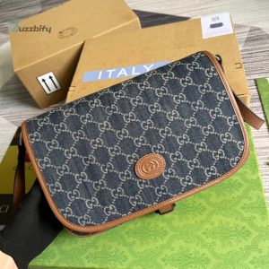 Gucci Childrens Gg  Messenger Bag Dark Blue And Ivory Eco Washed Organic Gg Jacquard Denim For Women  11.4In29cm Gg