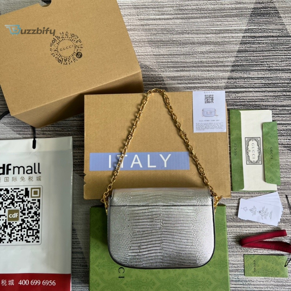 Gucci Horsebit 1955 Lizard Mini Bag Silver For Women Womens Bags 8In20cm Gg